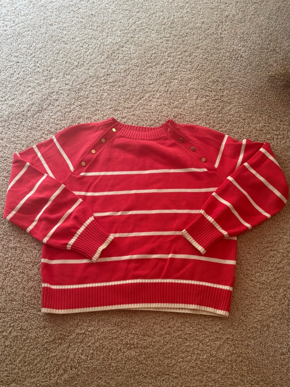 Lands' End Red and White Striped Crewneck Sweater with Shoulder Buttons